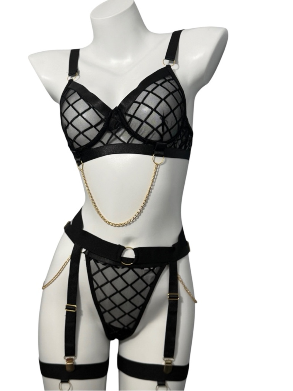 Black Mesh Lattice Bra & Garter Set with Gold Chains